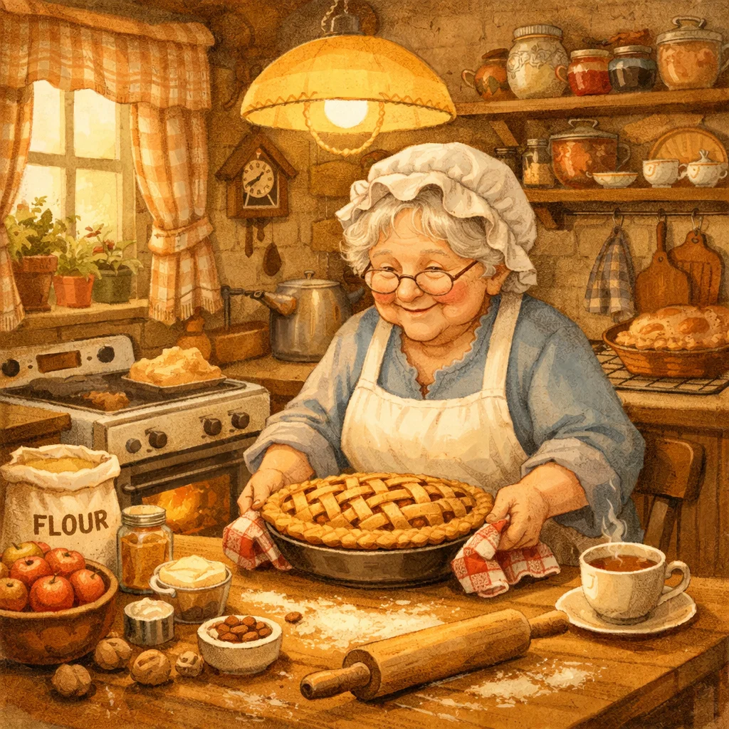 Picture by GPT Image 1.5 for: A cozy illustrated kitchen with a grandmother baking a pie, warm light