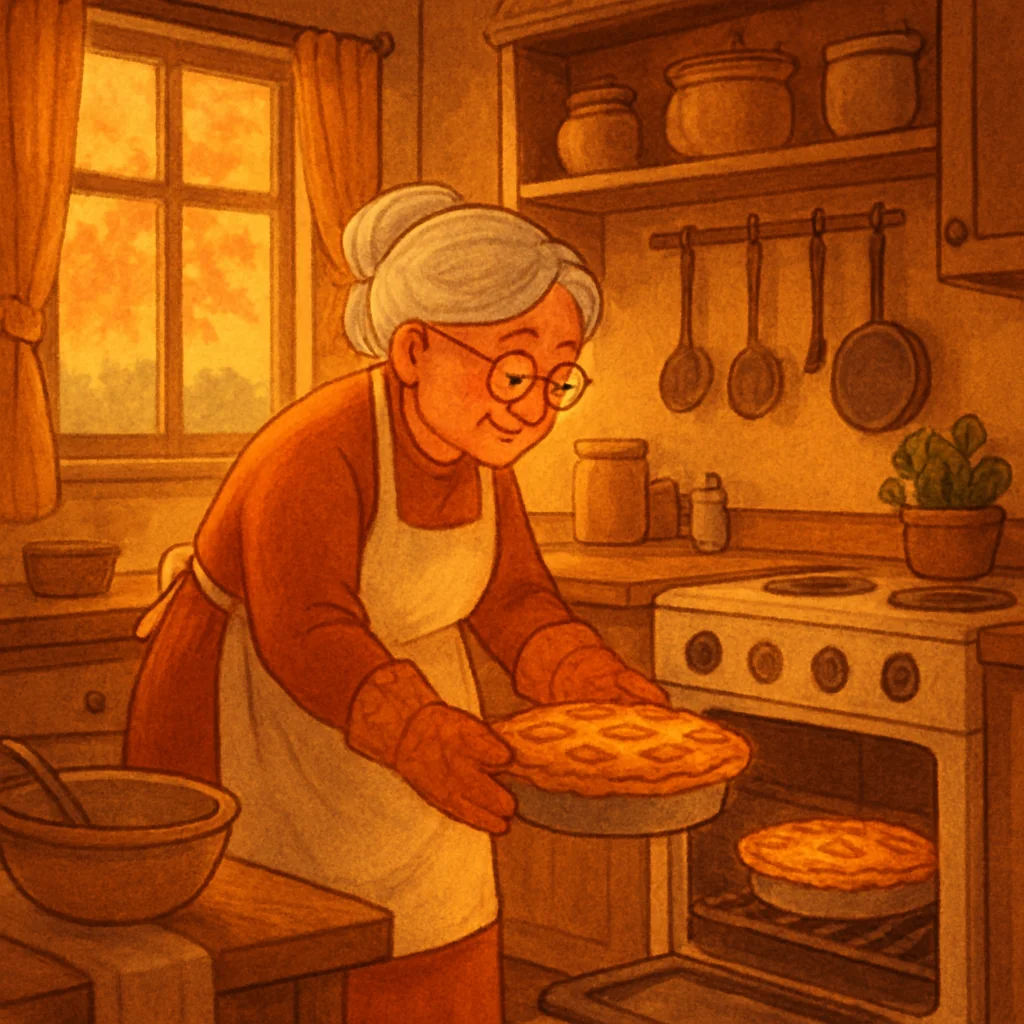 Picture by GPT Image 1 Mini for: A cozy illustrated kitchen with a grandmother baking a pie, warm light