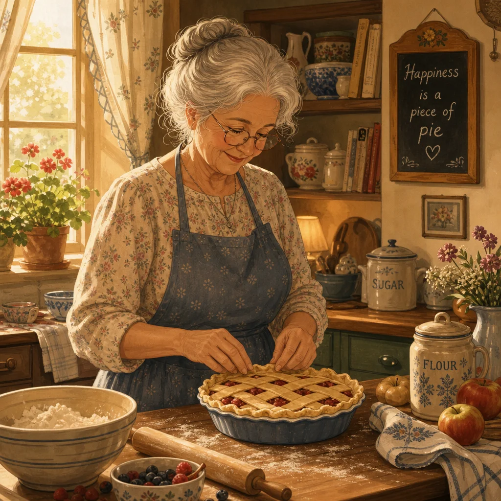 Picture by GPT Image 2 for: A cozy illustrated kitchen with a grandmother baking a pie, warm light