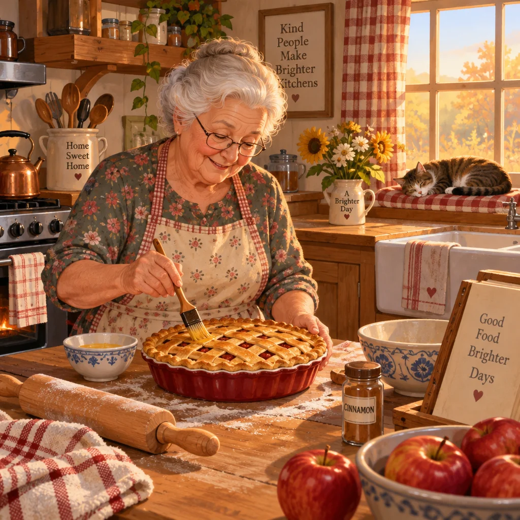 Picture by GPT Image 2.5 Sunburst for: A cozy illustrated kitchen with a grandmother baking a pie, warm light