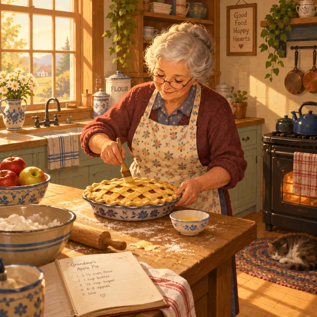 Picture by GPT Image 2.5 Flare for: A cozy illustrated kitchen with a grandmother baking a pie, warm light